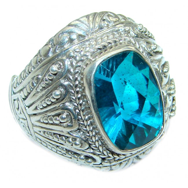 Huge Vintage Design Blue Aqua Topaz .925 Sterling Silver handcrafted ring s. 9