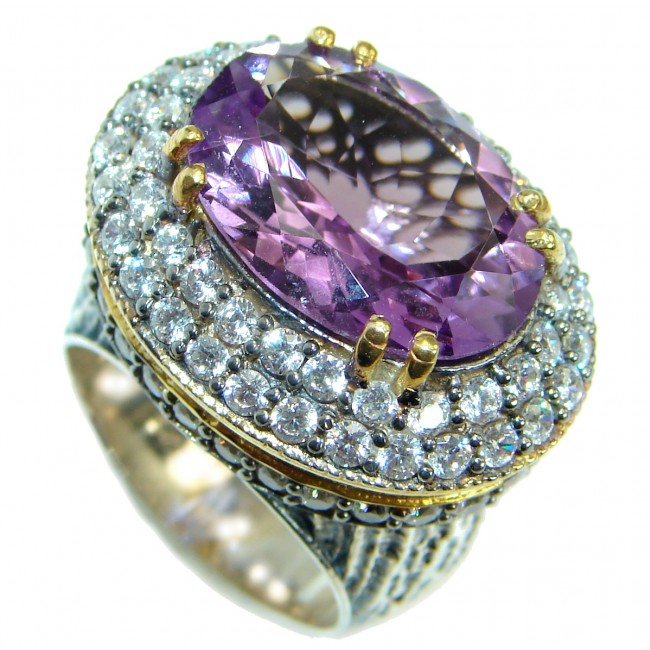 Magic genuine Amethyst gold over .925 Sterling Silver handmade Cocktail Ring s. 7