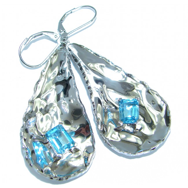Real Beauty Swiss Blue Topaz hammered .925 Sterling Silver earrings