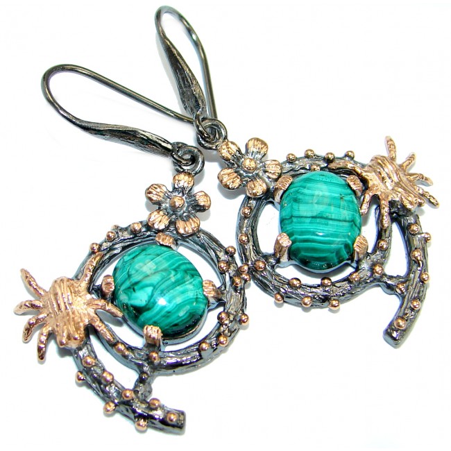 Fancy Green Malachite Rose Gold over .925 Sterling Silver handmade earrings