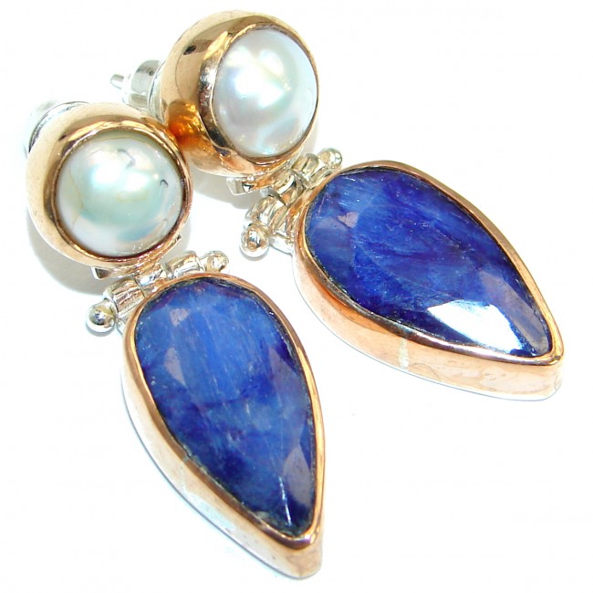 Trendy Sapphire Two Tones .925 Sterling Silver handmade studs earrings