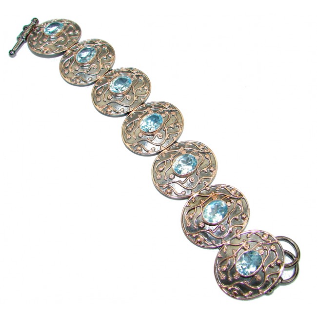 Baroque Style Swiss Blue Topaz Two Tones .925 Sterling Silver handmade Bracelet Cuff