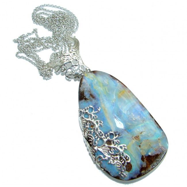 Large 3 5/8 inches genuine Australian Boulder Opal .925 Sterling Silver brilliantly handcrafted necklace