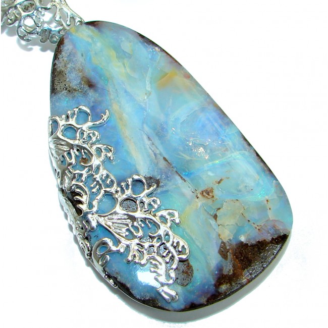 Large 3 5/8 inches genuine Australian Boulder Opal .925 Sterling Silver brilliantly handcrafted necklace