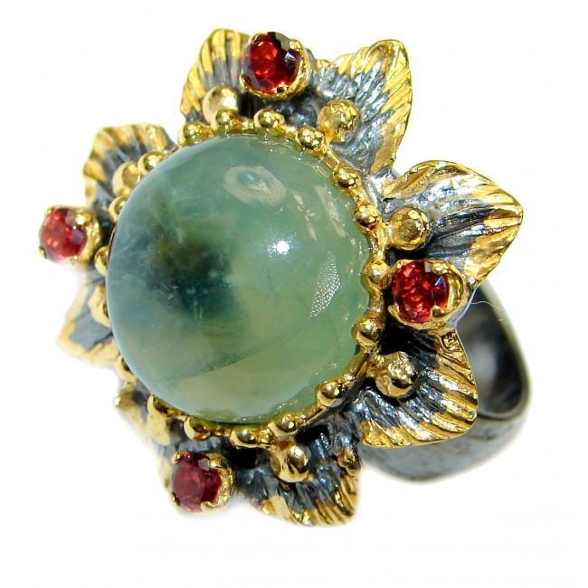 Supernova Green Moss Prehnite Gold Rhodium over .925Sterling Silver handcrafted ring; s. 7 adjustable