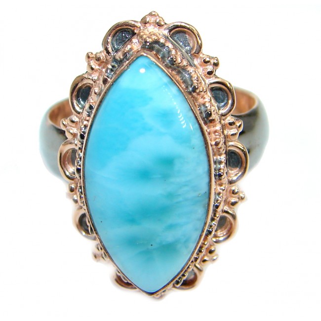 Genuine Larimar two tones .925 Sterling Silver handcrafted ring size 7 adjustable