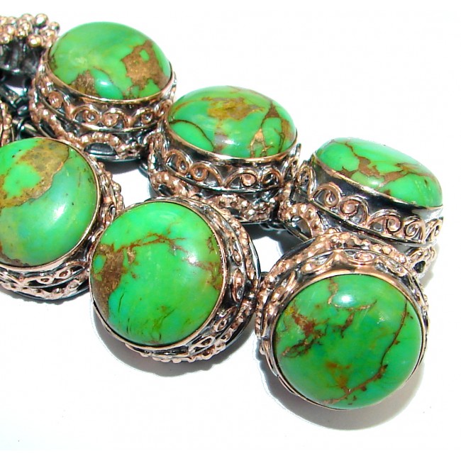 Boho Chic Large Green Turquoise with copper vains Rose Gold over .925 Sterling Silver handmade Bracelet