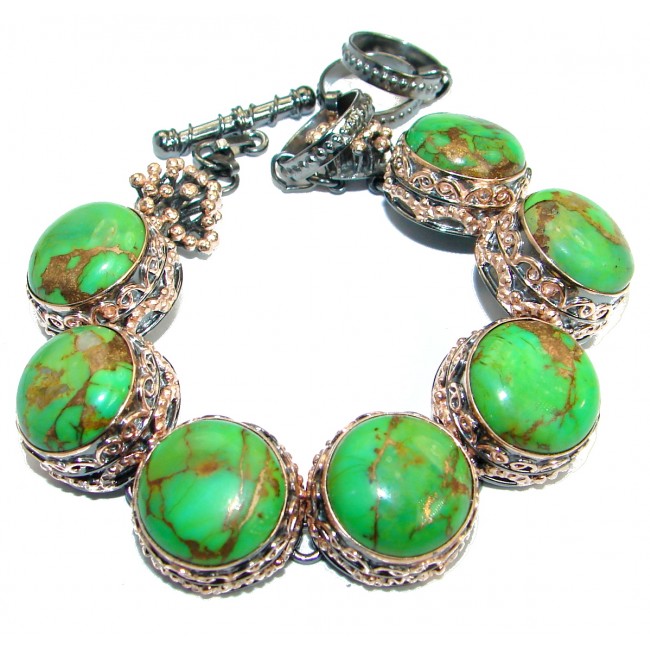 Boho Chic Large Green Turquoise with copper vains Rose Gold over .925 Sterling Silver handmade Bracelet