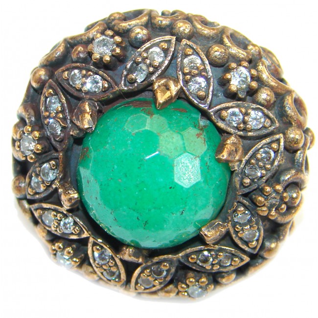 Victorian Style created Emerald & White Topaz Sterling Silver Ring s. 7 1/2