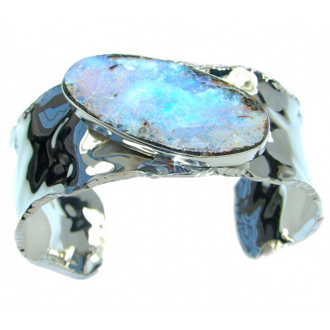 Norwegian Northern Lights Boulder Opal hammered .925 Sterling Silver Bracelet / Cuff