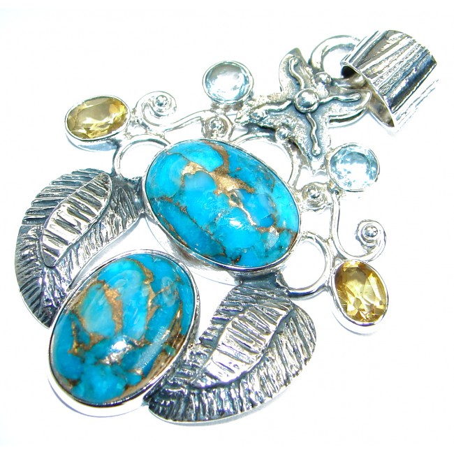 Blue Turquoise with copper vains .925 Sterling Silver Pendant