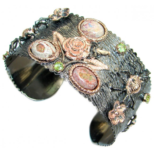 Enchanted Forest Mexican Opal 14K Gold Rhodium over .925 Sterling Silver handcrafted Bracelet / Cuff