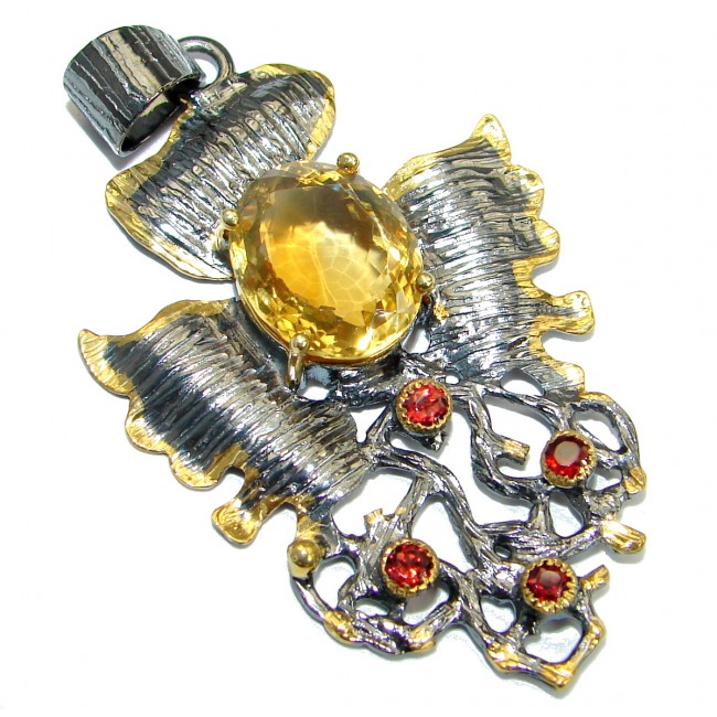 Vintage Design Genuine Citrine Gold Rhodium over .925 Sterling Silver handcrafted pendant