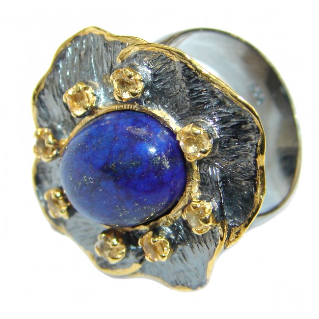 Genuine Lapis Lazuli 14K Gold Rhodium over .925 Sterling Silver handmade Ring size 7 adjustable