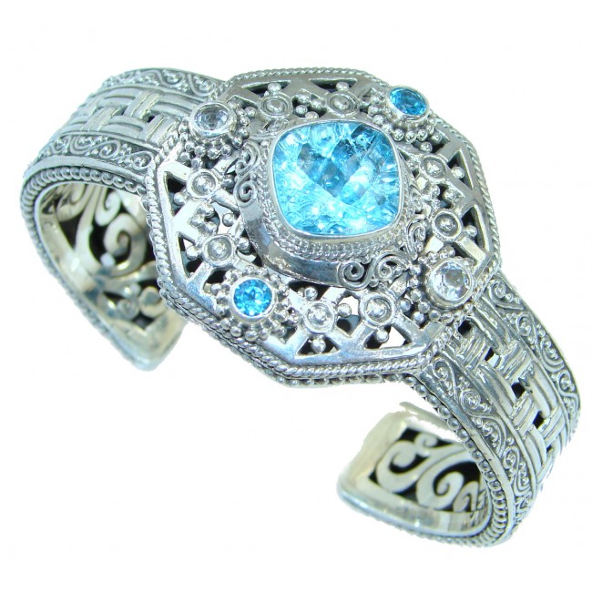 Natural Swiss Blue Topaz Oxidized .925 Sterling Silver handcrafted Bracelet / Cuff