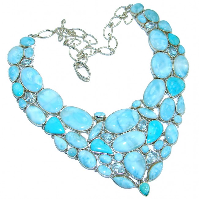 110 grams Chunky Caribbean Blue Larimar .925 Sterling Silver handcrafted necklace