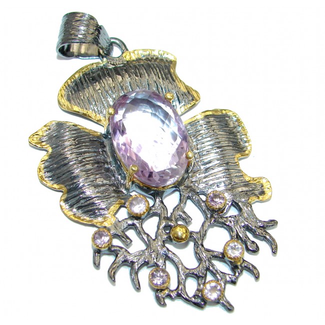 Rich Design Natural Amethyst 14K Gold Rhodium over .925 Sterling Silver handmade Pendant