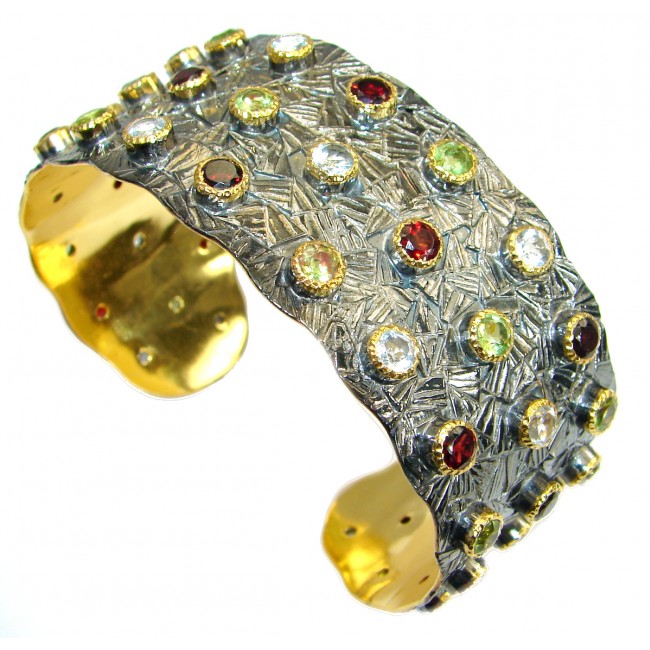 Real Treasure genuine Multigem 14K Gold Rhodium over .925 Sterling Silver handcrafted Bracelet / Cuff
