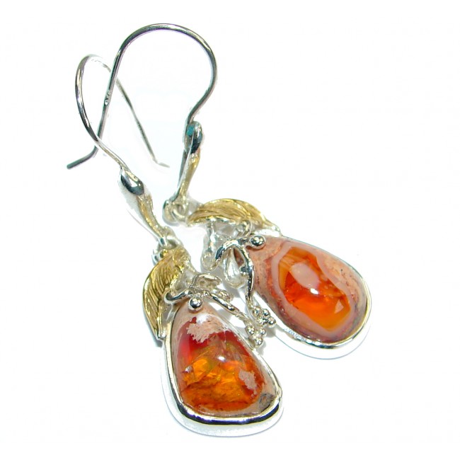 Unique genuine Mexican Fire Opal 18K Gold over .925 Sterling Silver handmade earrings