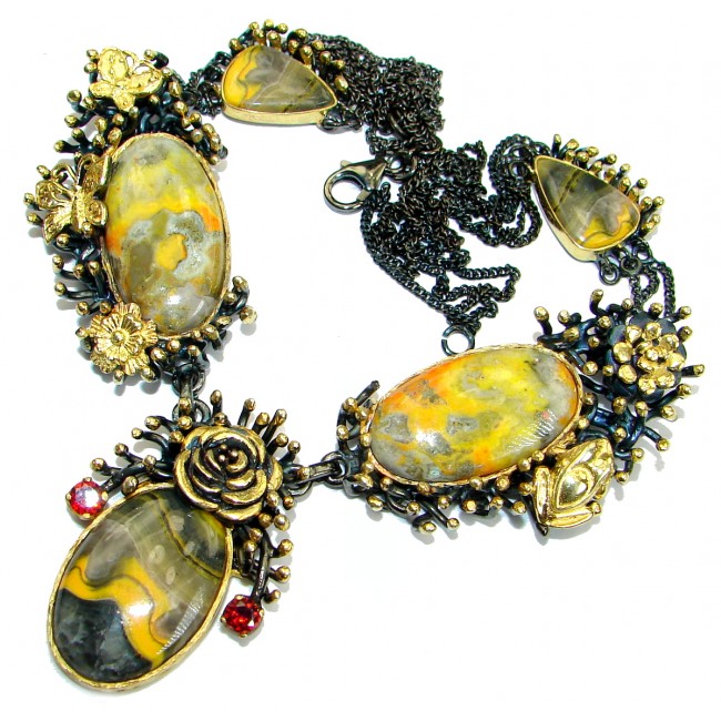 Bohemian Style natural Bumble Bee Jasper Two tones .925 Silver handmade Necklace