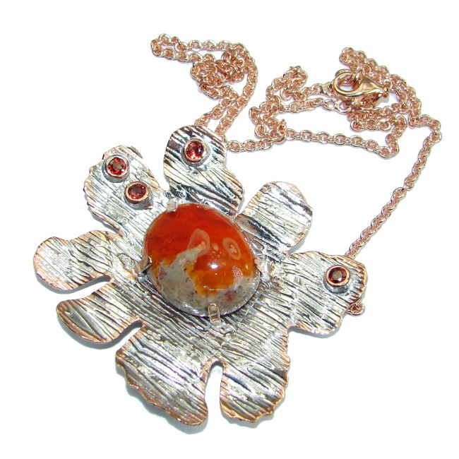Mexican Fire Opal Garnet Rose Gold over .925 Sterling Silver handmade Necklace