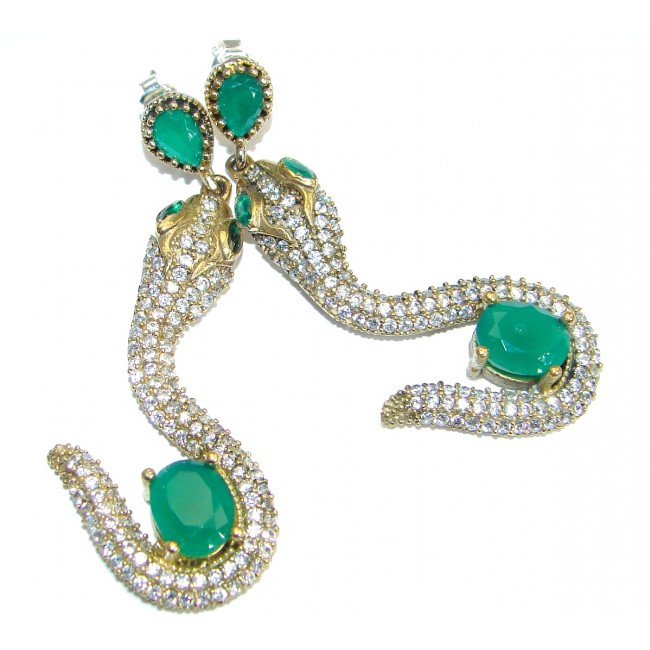 Victorian Style! Snakes Emerald & White Topaz .925 Sterling Silver earrings