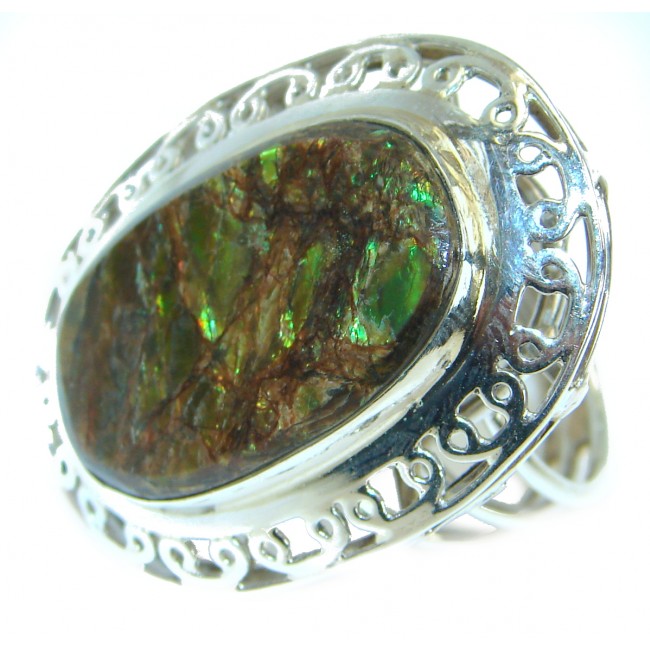Large Genuine Canadian Ammolite .925 Sterling Silver handmade ring s. 10