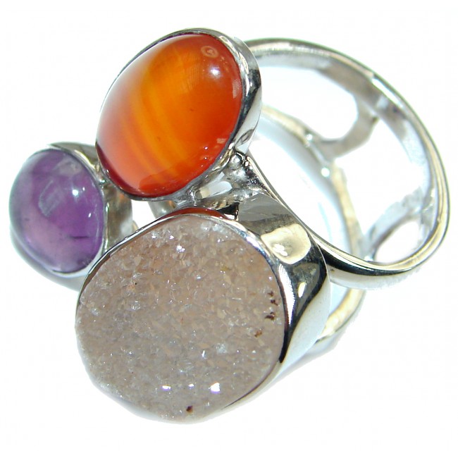 Exotic Druzy Agate .925 Silver Ring s. 8 adjustable