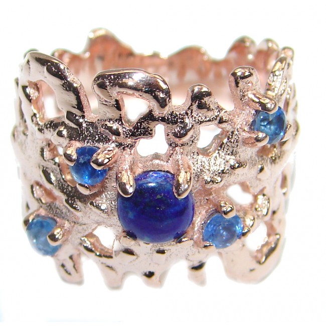 Unique Design genuine Lapis Lazuli Gold over .925 Sterling Silver handmade Cocktail Ring s. 7