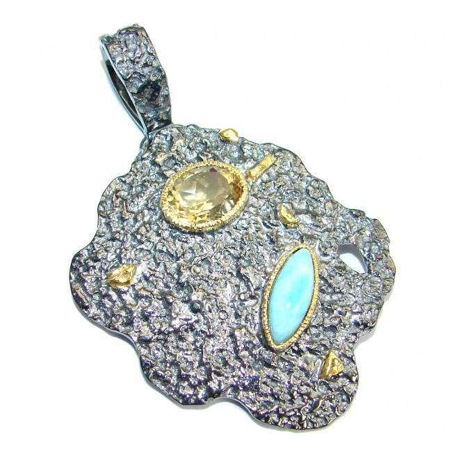 Blue Treasure genuine Larimar Rhodium over .925 Sterling Silver handmade pendant