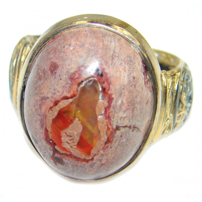 Vintage Beauty Mexican Opal Gold over oxidized .925 Sterling Silver handcrafted ring size 8 3/4