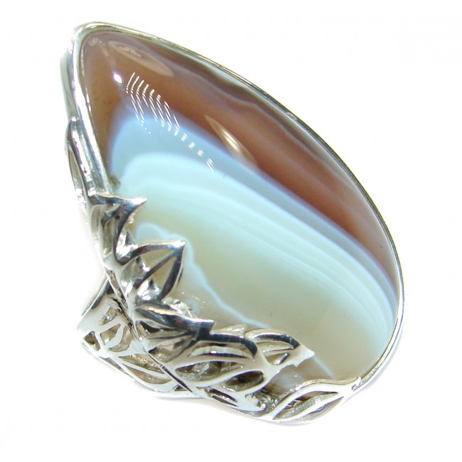 Genuine Botswana Agate two tones .925 Sterling Silver handmade Ring Size 7 adjustable