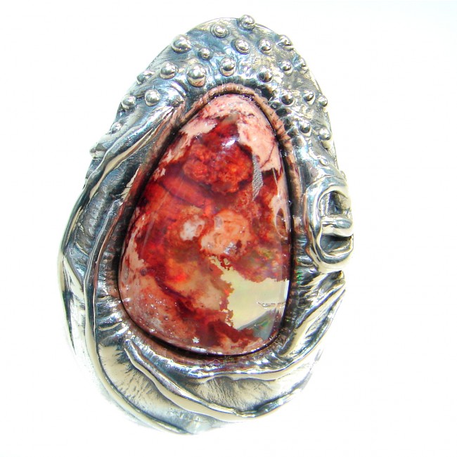 Large Mexican Opal oxidized oxidized .925 Sterling Silver handcrafted ring size 7 adjustable