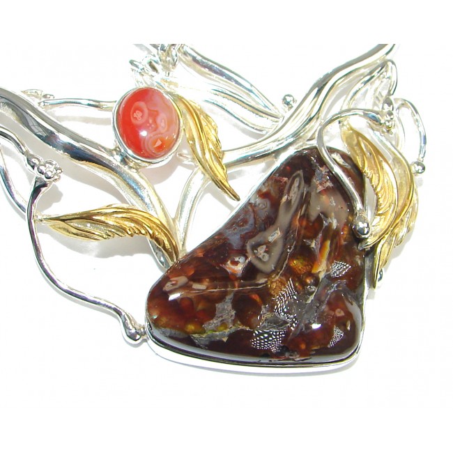 Fine Art Natural Fire Agate two tones .925 Sterling Silver handmade necklace