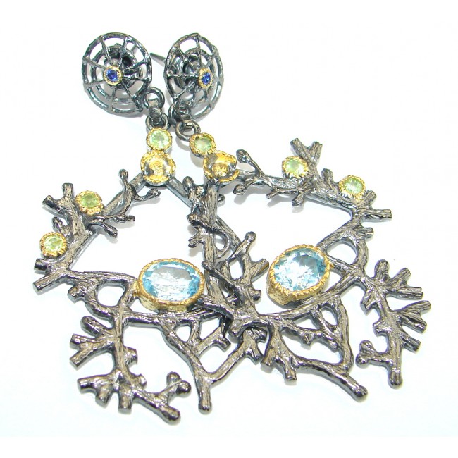 Boho Style natural Swiss Blue Topaz 14K Gold over .925 Sterling Silver handmade earrings