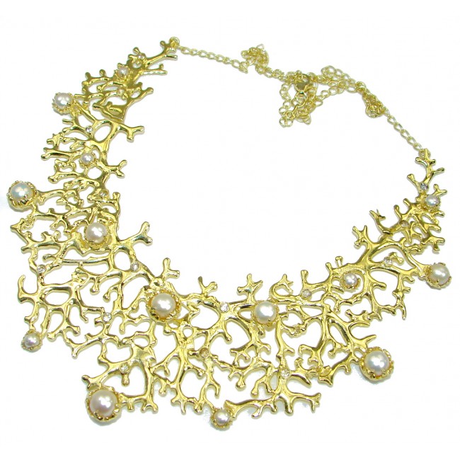 Golden Reef Natural White Pearl 14K Gold over .925 Silver handcrafted Necklace