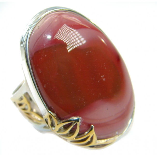 Huge Flawless Australian Mookaite two tones .925 Sterling Silver handcrafted Ring size 8 adjustable