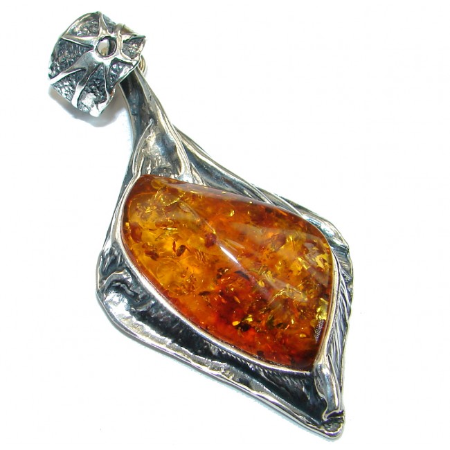 Huge 3 inches long Natural Baltic Amber oxidized .925 Sterling Silver handmade Pendant