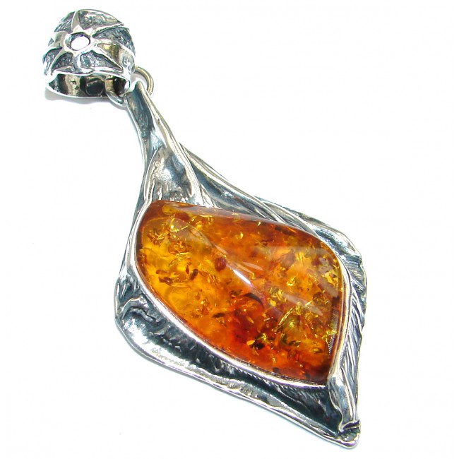 Huge 3 inches long Natural Baltic Amber oxidized .925 Sterling Silver handmade Pendant