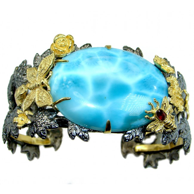 Baroque Style Genuine Blue Larimar 18ct Gold Rhodium over .925 Sterling Silver handmade Bracelet Cuff
