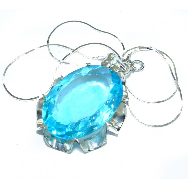 Great Swiss Blue Topaz color Quartz .925 Sterling Silver handmade necklace