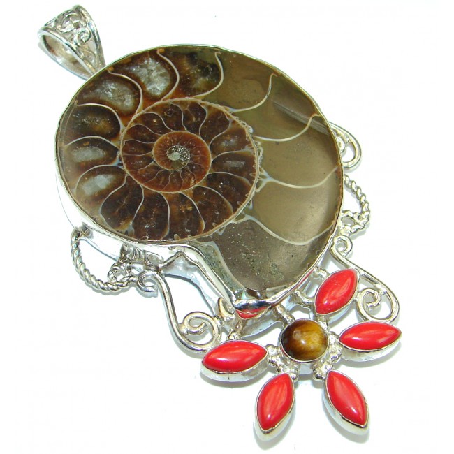 Back to Nature Brown Ammonite Fossil 50.4 grams! .925 Sterling Silver handmade Pendant