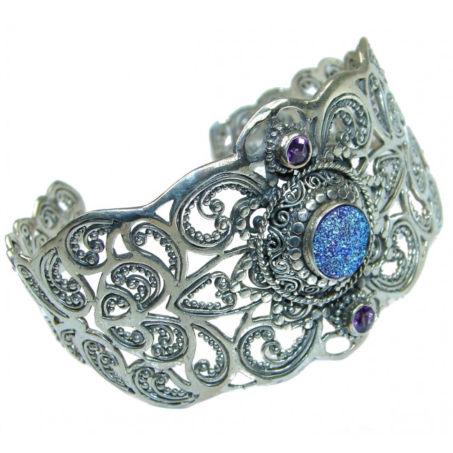 Chunky Luxury Blue Crystal Druzy .925 Sterling Silver handmade Cuff/Bracelet