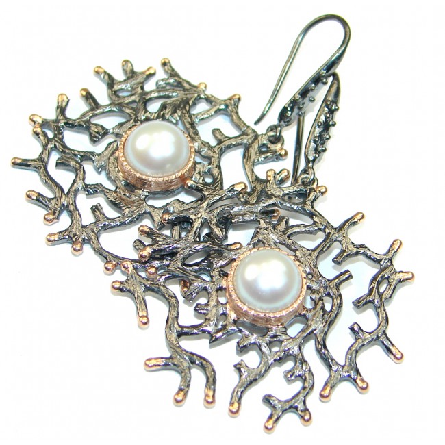 Bohemian style huge genuine Pearl Gold Rhodium over .925 Sterling Silver handmade earrings