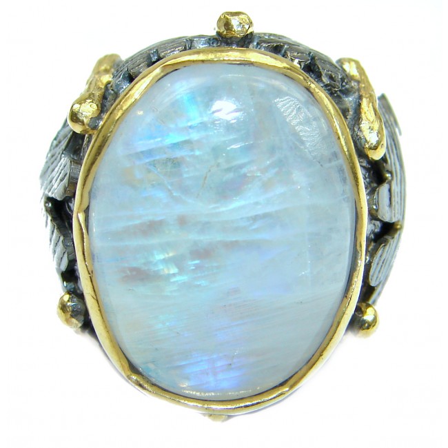 Huge Fire Moonstone oxidized 14K Gold over .925 Sterling Silver handcrafted ring size 7 1/4