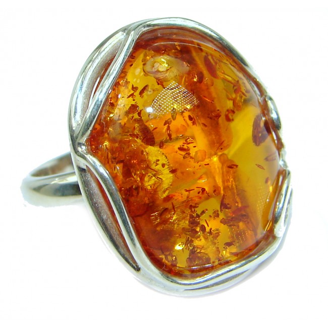 Huge Genuine Baltic Polish Amber .925 Sterling Silver handmade Ring size 7 adjustable