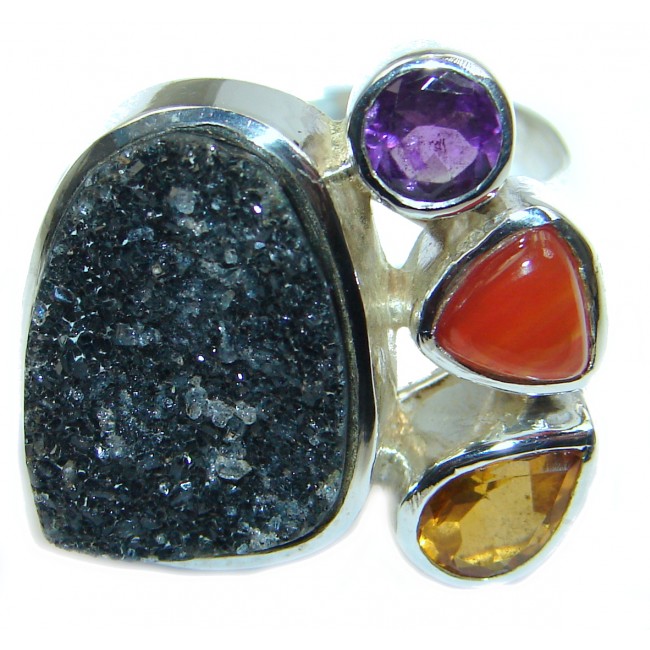 Exotic Druzy Agate .925 Silver Ring s. 7 adjustable