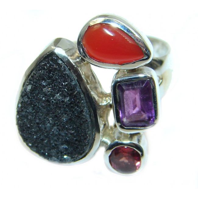 Exotic Druzy Agate .925 Silver Ring s. 7 adjustable