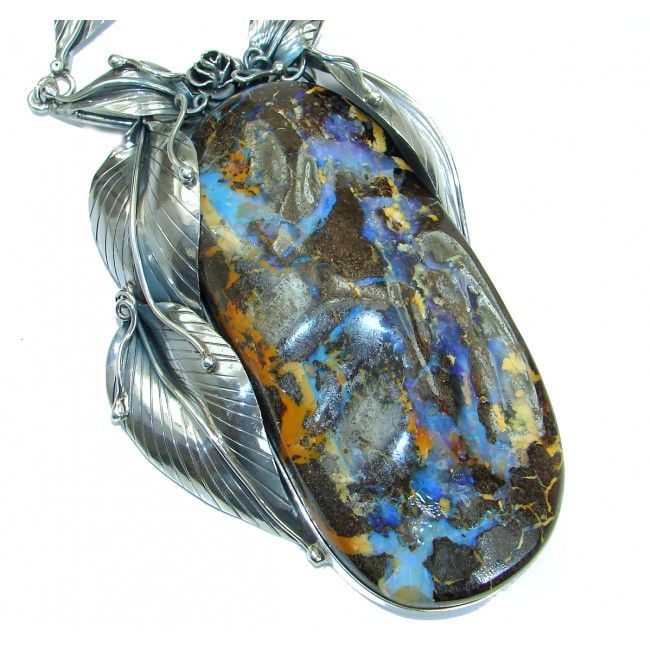 Huge 4 1/4 inch long stone Rustic Style Australian Boulder Opal .925 Sterling Silver brilliantly handcrafted necklace
