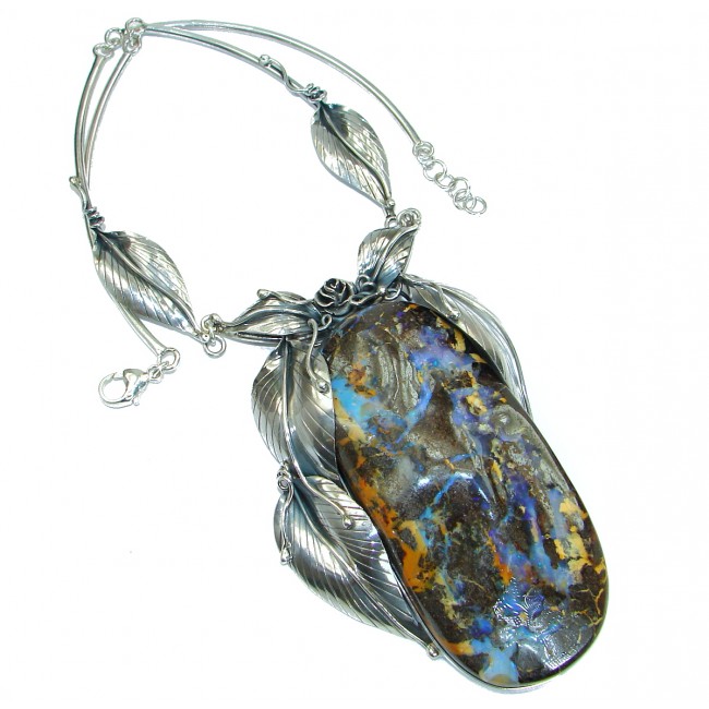 Huge 4 1/4 inch long stone Rustic Style Australian Boulder Opal .925 Sterling Silver brilliantly handcrafted necklace